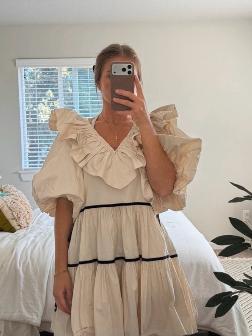 Cream Ruffled Puff-Sleeve Tiered Dress
